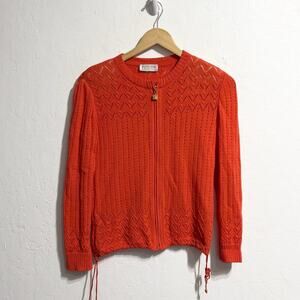 St John Cardigan Sweater Small Coral Red Orange Full Zip Open Knit Santana